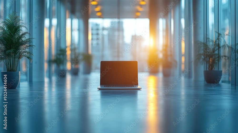 Poster laptop computer on a reflective floor in a modern office building with a panoramic window view of a 
