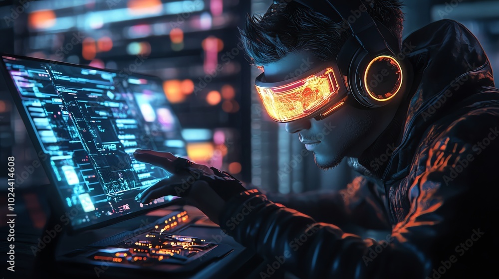 Poster a cyberpunk hacker in futuristic goggles and headphones, working on a computer with glowing screens.