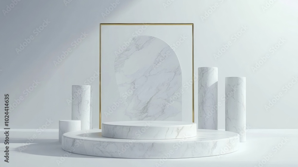 Poster 3D rendering of a white marble round pedestal set against a white background featuring a gold frame a memorial board cylindrical steps and an abstract minimal concept showcasing blank space and a