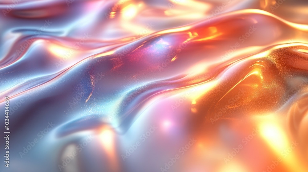 Poster abstract wavy iridescent surface with warm and cool tones and a soft glow.