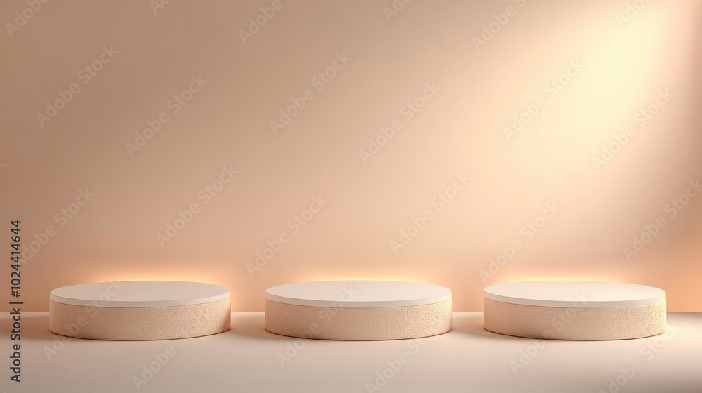 Aufkleber 3D rendering of four minimalistic empty podiums or pedestals featuring a blank display shelf for showcasing products