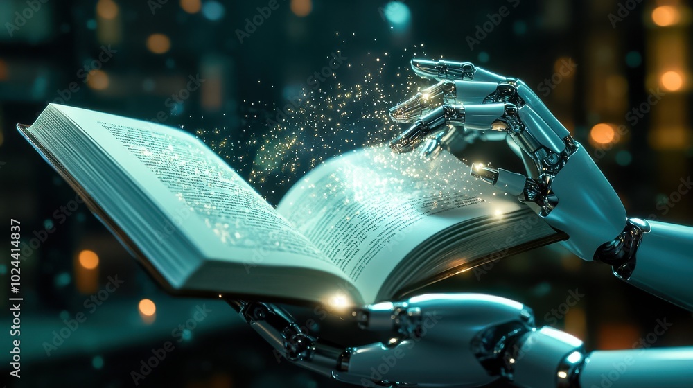 Poster a futuristic depiction of artificial intelligence and technology interacting with knowledge