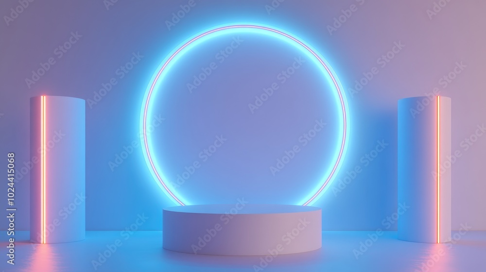 Poster Blank product display with neon lights set against a pastel blue and white background 3D rendering of a blue neon circular backdrop featuring a cylinder and podium for product promotion Empty visu