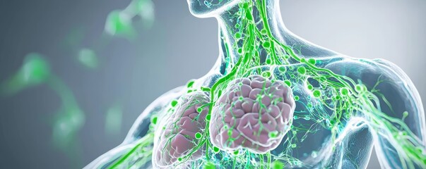 A zoomed-in 3D model of the lymphatic system in the abdomen, showing the symmetry of lymph nodes and their alignment with the nearby blood vessels.