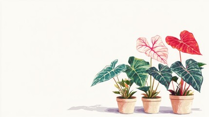 Caladium Bicolor plants thriving in small pots against a white backdrop Contemporary natural setting featuring minimalist flat design illustrations