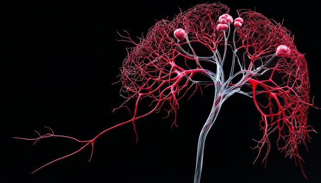 A zoomed-in 3D model of the lymphatic system in the abdomen, showing the symmetry of lymph nodes and their alignment with the nearby blood vessels.
