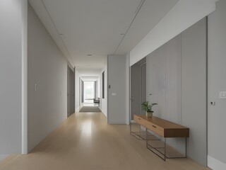 Modern Minimalist Hallway with Natural Lighting and Wooden Floor