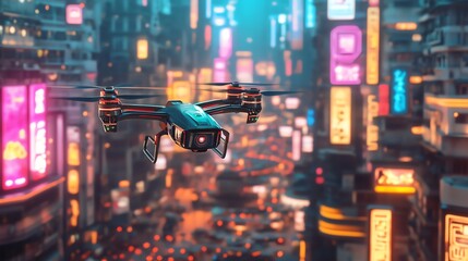 Drone flying over futuristic cityscape with neon lights.