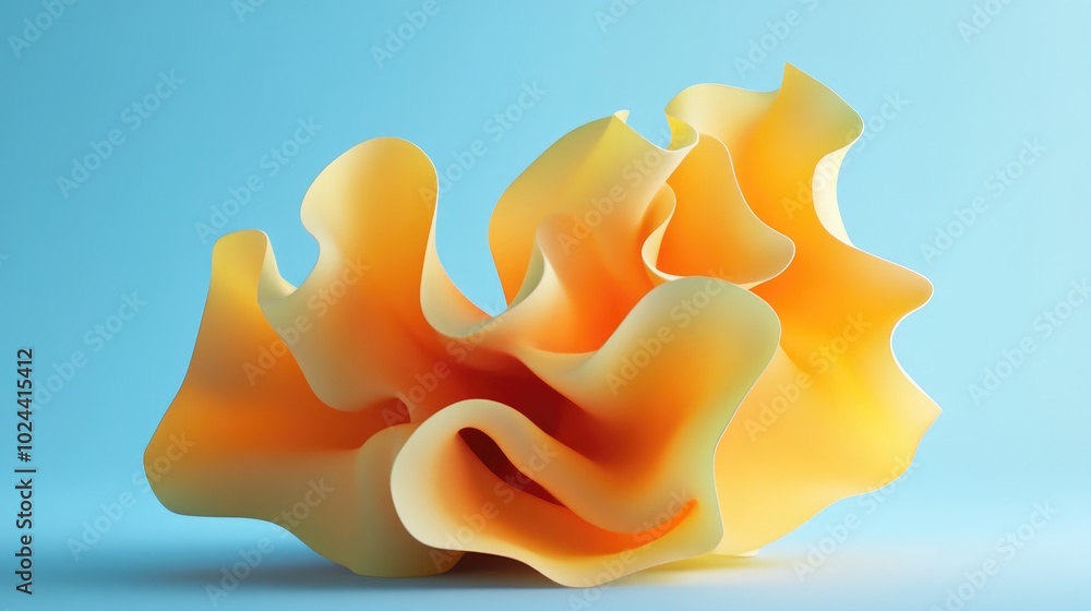 Poster 3D rendering of an abstract organic shape featuring a yellow orange gradient against a light blue backdrop showcasing a surrealistic style