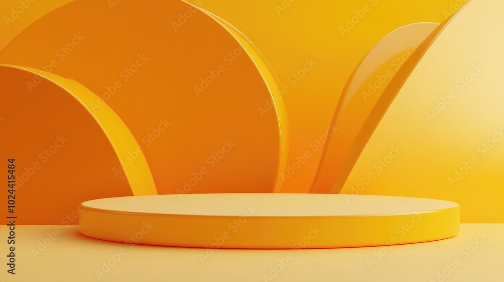 Aufkleber 3D rendering of geometric shapes in a minimalistic scene featuring a yellow podium against an orange backdrop for showcasing products or fragrances