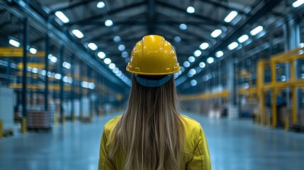 Woman wearing a yellow hard hat walking in an industrial warehouse