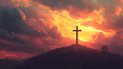 A Silhouette of a Cross on a Hilltop Against a Dramatic Sunset Sky