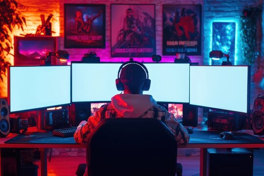Gamer immersed in a custom gaming setup with multiple blank monitors