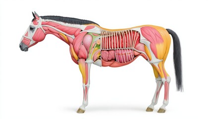 Obraz premium An anatomical illustration of a horse, showing the muscular system, skeletal structure, and internal organs.