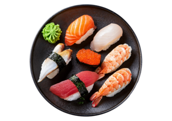 sushi plate top view full length isolated on transparent or white background