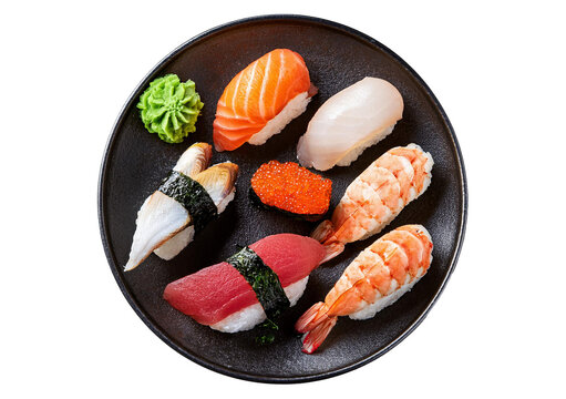 sushi plate top view full length isolated on transparent or white background