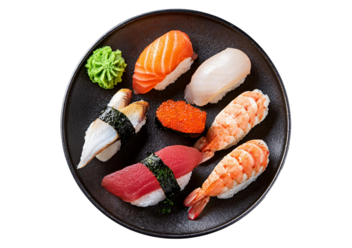 sushi plate top view full length isolated on transparent or white background
