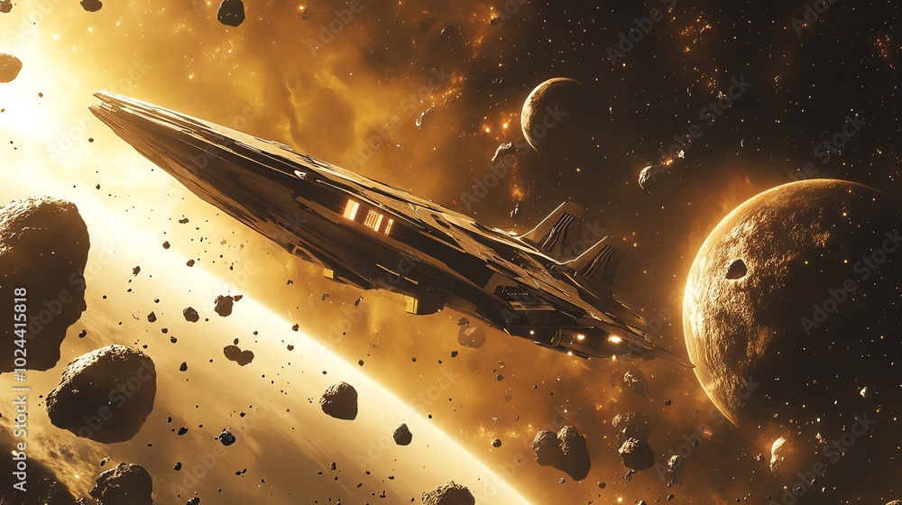Poster a futuristic spaceship flies through an asteroid field with planets in the background.