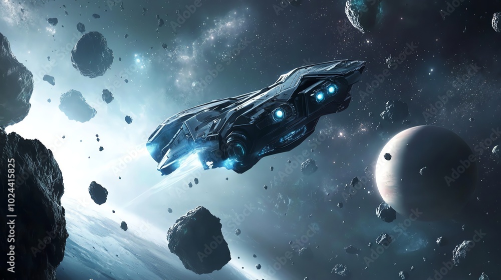 Poster a spaceship flies through an asteroid field, a planet is visible in the background.