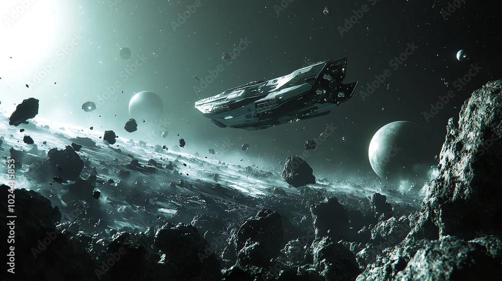 Poster futuristic spaceship flying through an asteroid field in space.