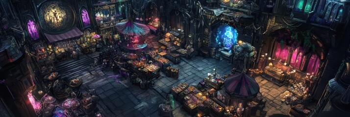 The Phantasmagorical Bazaar of Infinite Wonders: A sprawling marketplace that defies physics, with stalls spiraling in impossible geometries. Fantasy Scenery