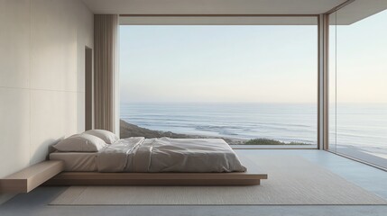 Minimalist bedroom with a stunning ocean view.