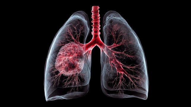 An X-ray of human lungs with visible signs of cancer, showing a large mass in one lung and dark patches scattered throughout from long-term smoking.