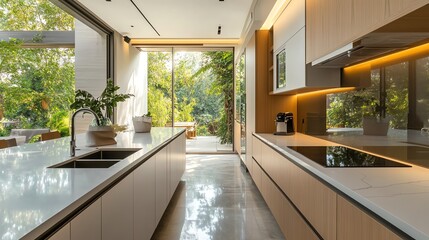 Modern kitchen with a sleek design and warm wood cabinets, featuring a large window overlooking a lush garden.