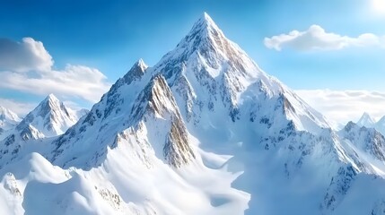 Fototapeta premium A breathtaking snow-capped mountain peak rises majestically against a clear blue sky, surrounded by a landscape of snowy slopes and distant mountain ranges.