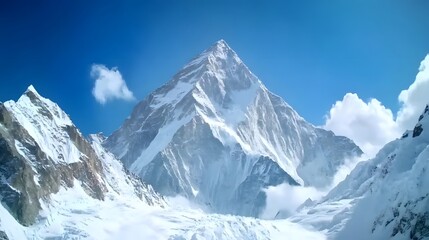 Obraz premium A majestic snow-capped mountain rises against a clear blue sky, showcasing its rugged peak and serene natural beauty.