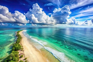 Obraz premium Tranquil beachscape with azure waters and sunlit clouds aerial view