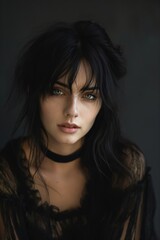 Fototapeta premium A striking portrait of a young woman with intense green eyes and dark hair. She gazes directly at the camera with a serious, captivating expression.