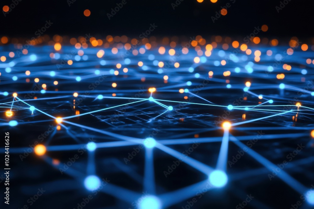 Poster a futuristic visual representation of a digital network with glowing blue lines connecting