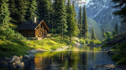 Fototapeta premium A cozy cabin nestled in a lush forest with a serene river flowing in the foreground and snow-capped mountains in the distance.