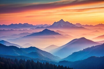 Obraz premium Tranquil dawn over layered mountains in pastel tones background with depth of field