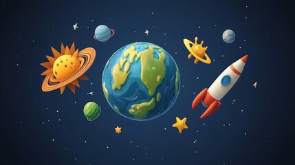 Cartoon Space Illustration with Rocket  Planets  and Earth
