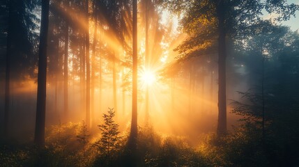Sunbeams pierce through a misty forest at sunrise.