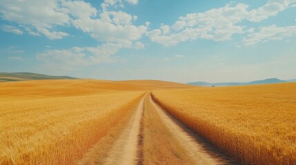 Fototapeta premium Drone footage showcasing a panoramic view of golden wheat fields stretching to the horizon, with a meandering dirt road cutting through the landscape, offering ample copy space in the sky