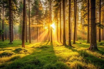 Fototapeta premium Tranquil forest scene on summer solstice bathed in golden light