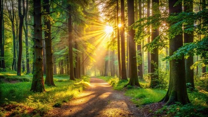 Tranquil forest walk with sunlight shining through trees forming a peaceful scene