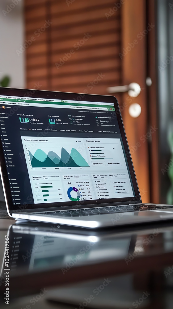 Poster laptop displaying analytics on a table