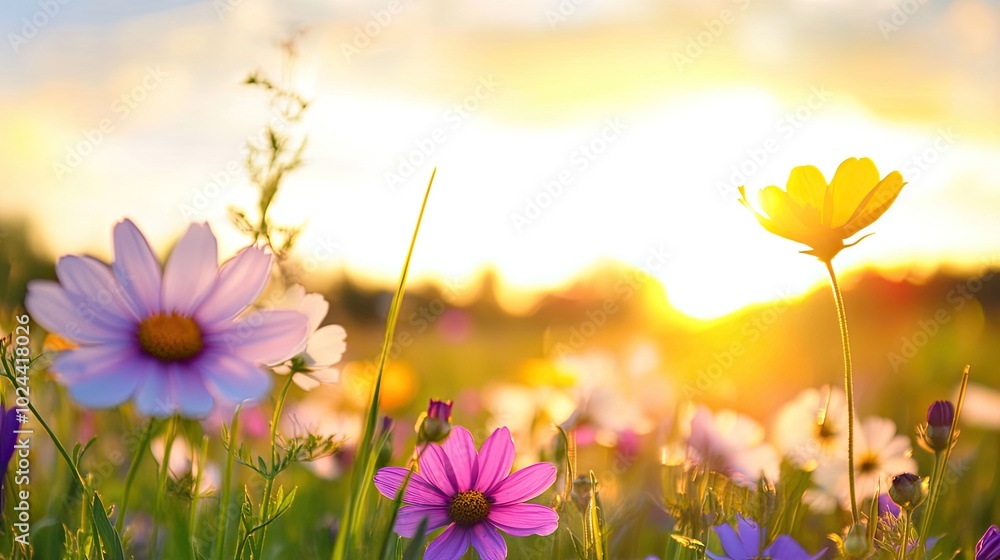 Wall mural Soft Morning Glow Over a Flower Field