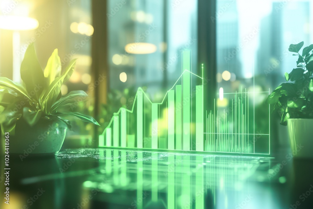 Aufkleber a glowing green bar chart with a line graph overlaid appears on a transparent digital screen