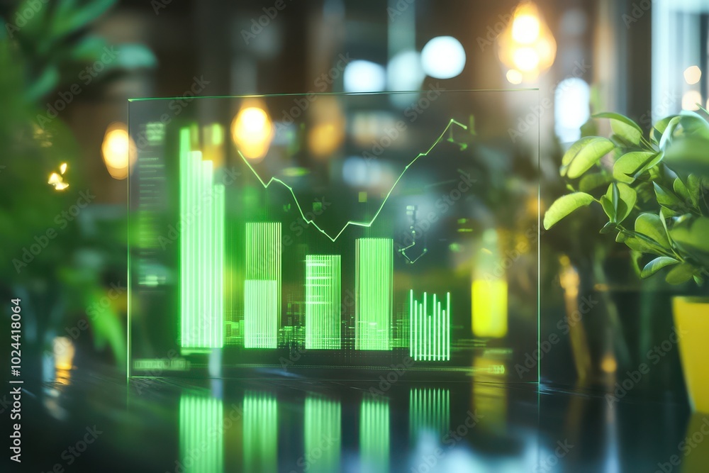 Poster a glowing green bar chart with a line graph overlaid appears on a transparent digital screen