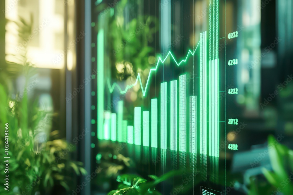 Poster a glowing green bar chart with a line graph overlaid appears on a transparent digital screen