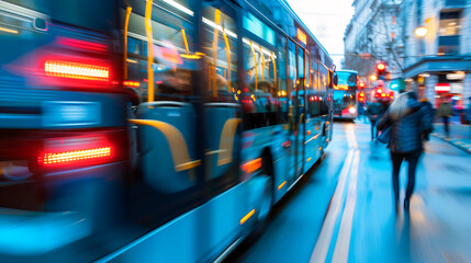 Naklejka premium Autobús en movimiento en una calle urbana al atardecer