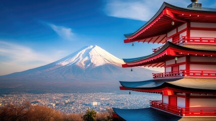 Scenic View of Mount Fuji from Chureito Pagoda