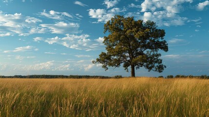 Obraz premium A serene landscape with a lone, ancient tree standing amidst a field of tall grass