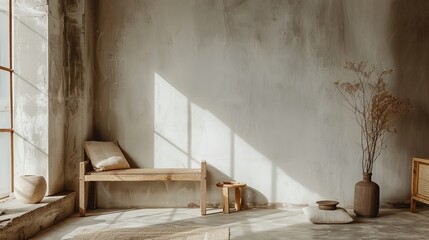 A serene, minimalist room with worn wooden furniture and simple decor, emphasizing wabi-sabi aesthetics