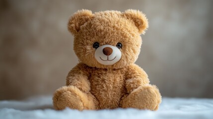Obraz premium A brown teddy bear sits on a white blanket with a neutral background.
